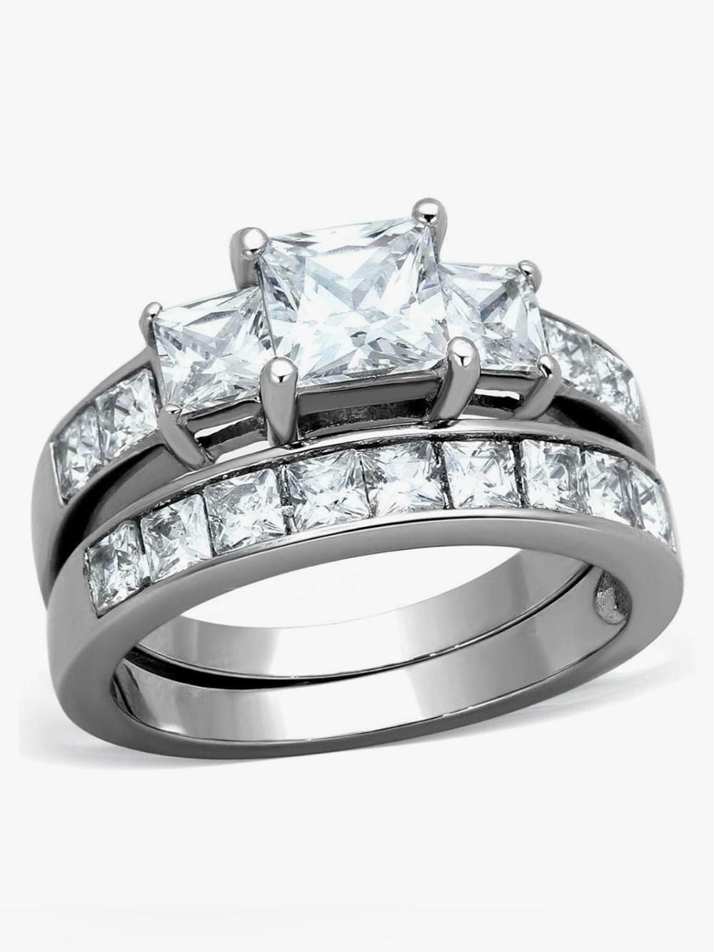 NWT Women's sz 6 Stainless Steel Cubic Zirconia Faux Diamond 2 Ring Wedding Set